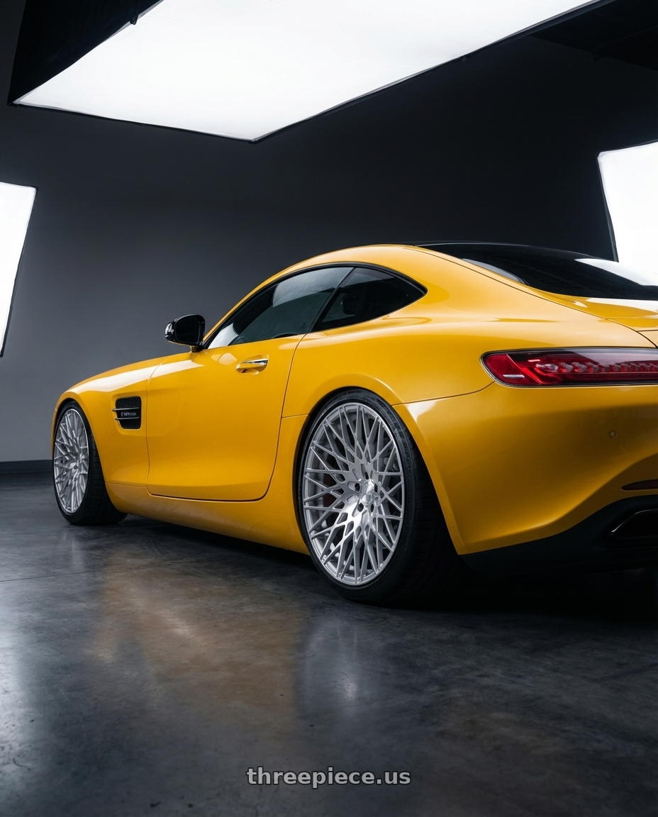 2019 Mercedes-Benz AMG GT with Avant Garde Wheels M540 5X112 20x10 +25 Silver Machined wheels rear three quarter view slight stretch tires