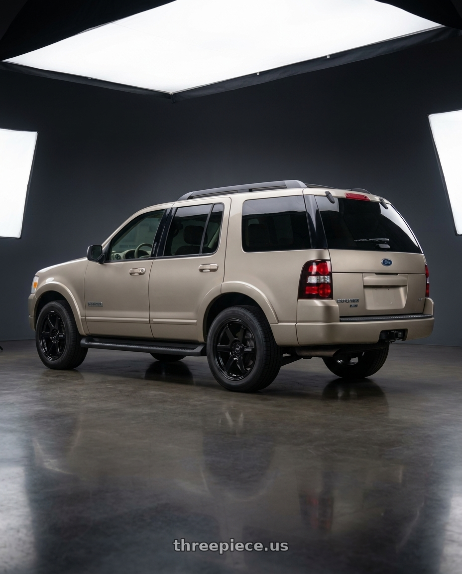 2004 ford explorer XLT with Enkei T6R 5x114.3 18x8.5+38 Gloss Black wheels rear three quarter view square tires