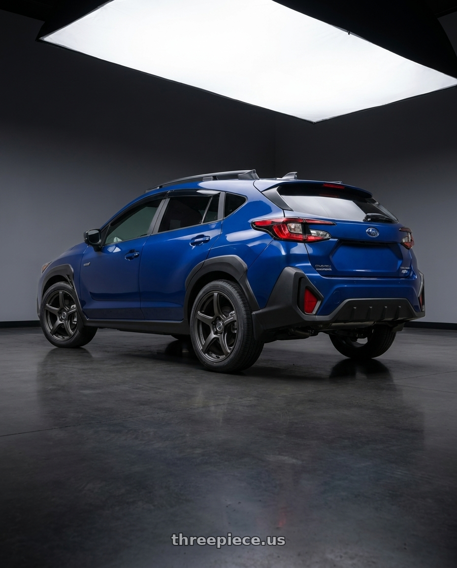 2026 Subaru Crosstrek with Work Emotion T5r 5x114.3 18x7.5 +48 Matte Graphite wheels rear three quarter view square tires