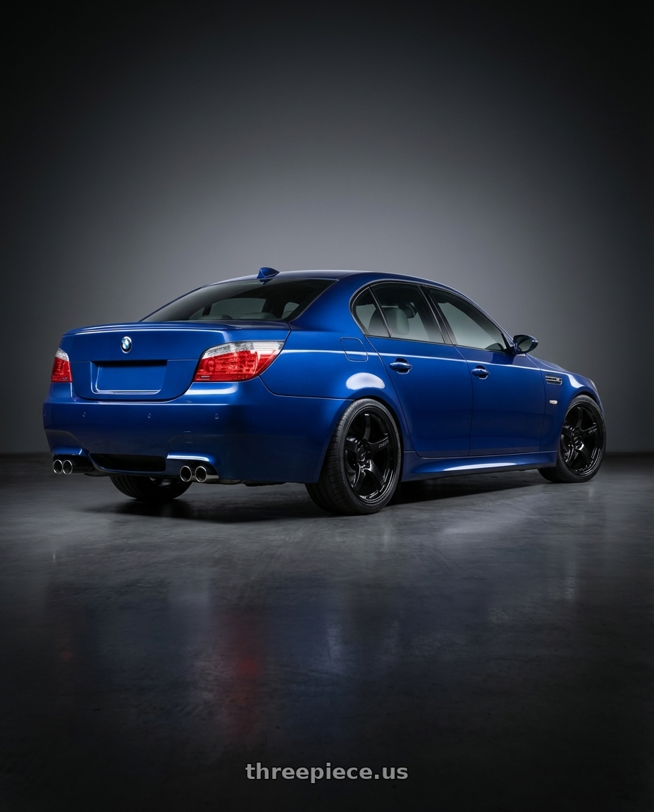2010 BMW M5 E60 with Gram Lights 57CR 5x120 19x10.5+22 Glossy Black wheels rear three quarter view square tires