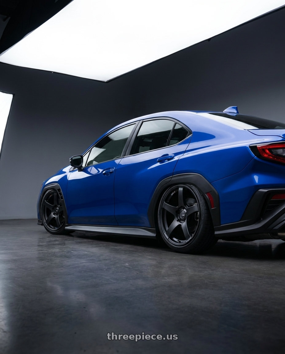 2024 Subaru WRX with Ssr Gtv01 5x114.3 19x8.5+38  FLAT BLACK wheels rear three quarter view slight stretch tires