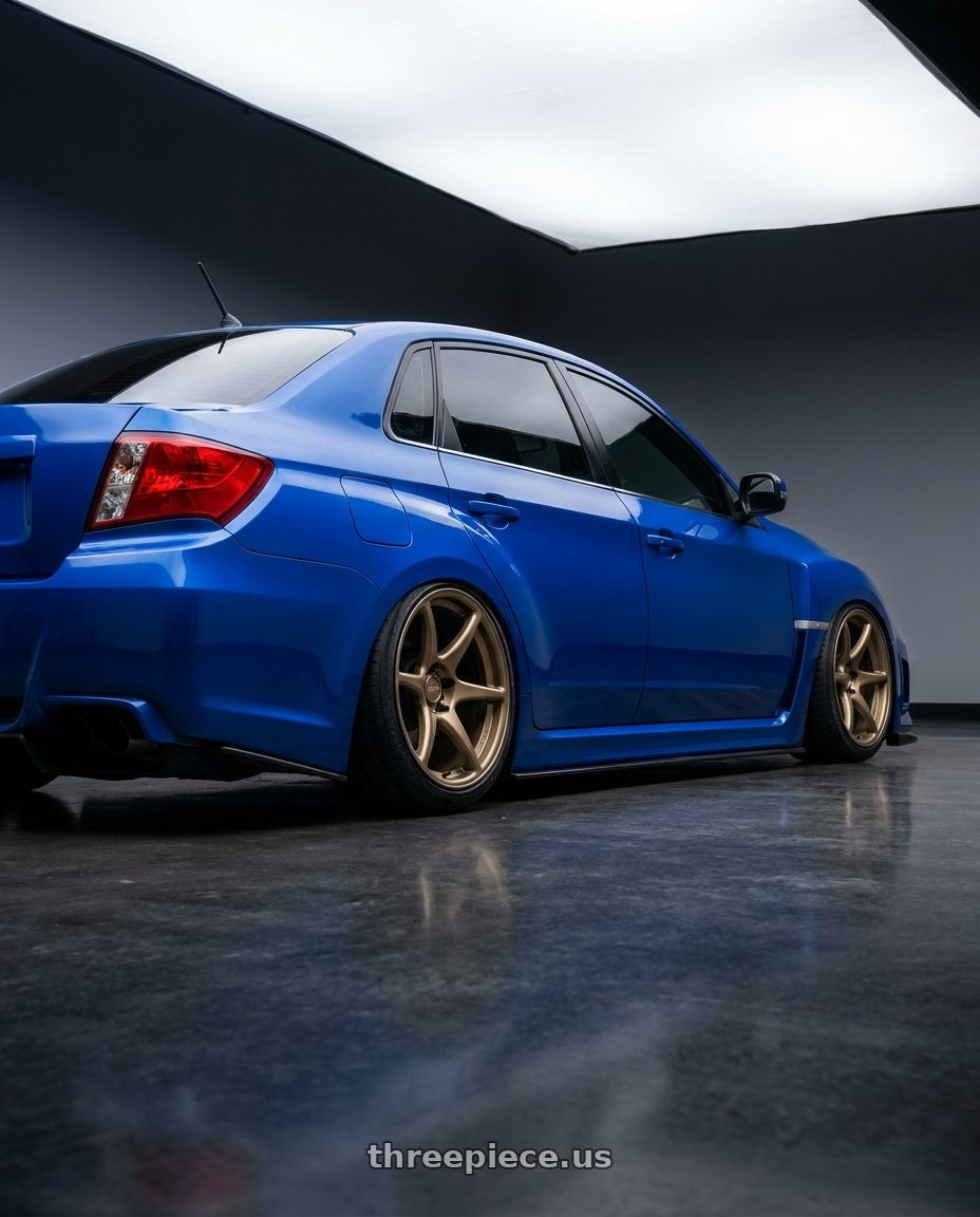 2013 Subaru WRX STI with Kansei K11B Tandem 5x114.3 18x10.5 12 Bronze wheels rear three quarter view slight stretch tires