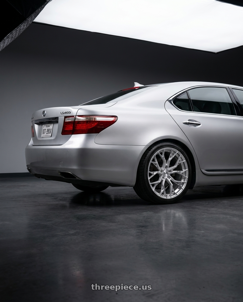 2007 Lexus ls460 with DOLCE PERFORMANCE ARIA 5x120 20x10 +40 Gloss Silver Machined Face wheels rear three quarter view square tires