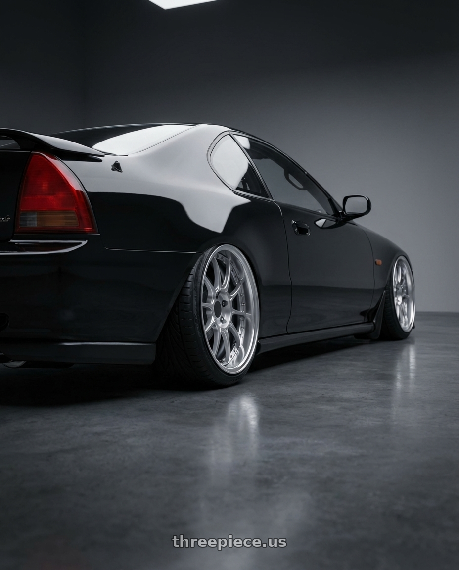 1993 Honda Prelude 4  with SSR Professor SP5R 4X100 17X8.5+26 NR Disk High Bright Silver wheels rear three quarter view slight stretch tires