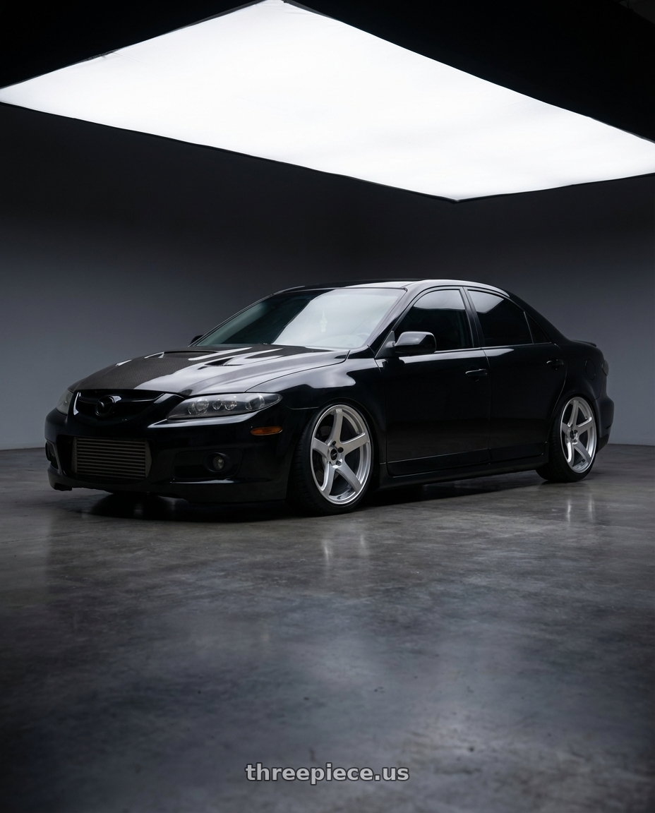 2006 Mazda, Mazdaspeed 6, Grand Touring, Black with Enkei Kojin 5x120 18x8+32 Matte Silver wheels rear three quarter view slight stretch tires