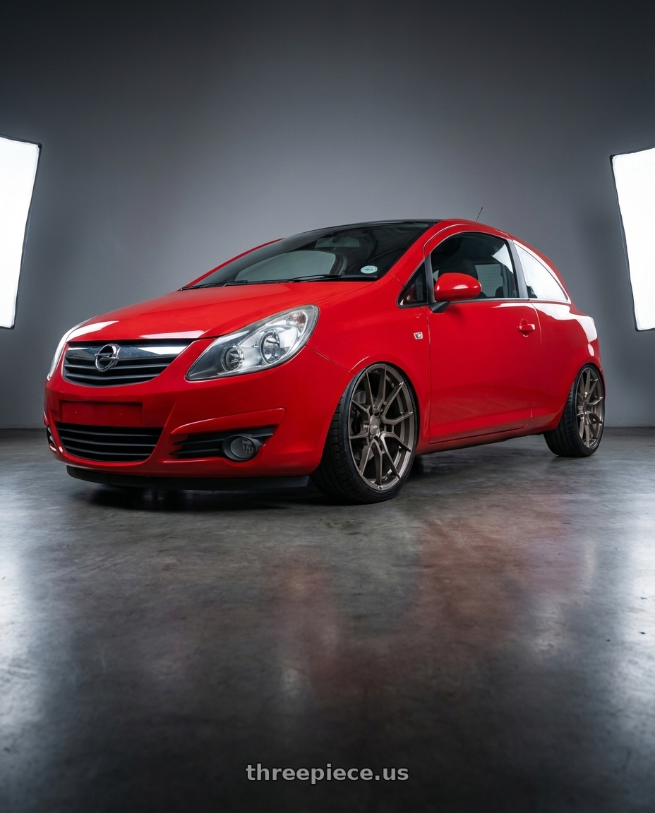 Opel Corsa D 2010  with Niche Mono T111 KANAN 5X120 20X11 +45 BRUSHED CANDY SMOKE wheels front three quarter view slammed stance