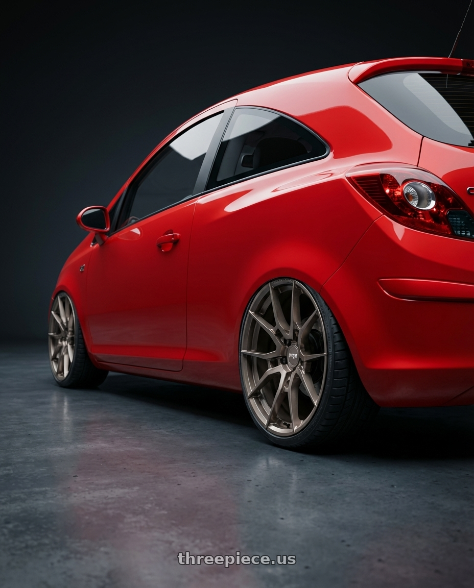 Opel Corsa D 2010  with Niche Mono T111 KANAN 5X120 20X11 +45 BRUSHED CANDY SMOKE wheels rear three quarter view square tires