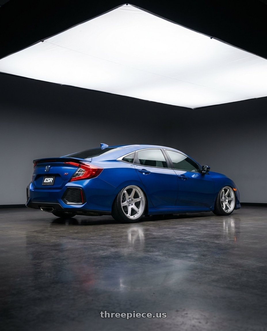2018 Civic Si with ESR Wheels APEX SERIES AP6 5x114.3 19x9.5 +35 Hyper Silver wheels rear three quarter view slight stretch tires