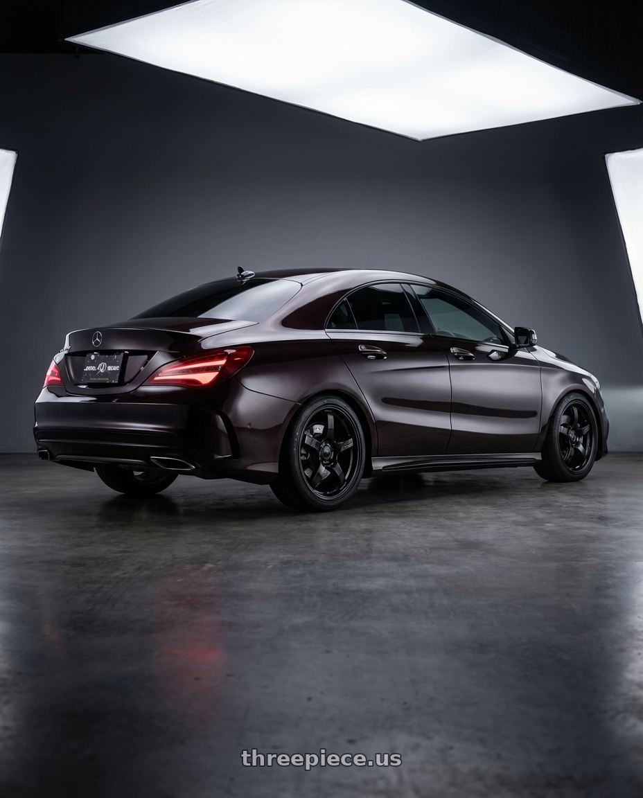 2018 Mercedes-Benz CLA C117 with Gram Lights 57CR 5x112 19x10.5+35 Glossy Black wheels rear three quarter view square tires