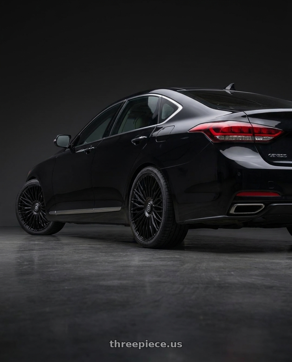 2016 hyundai genesis 3 8 with TIS Motorsports 507B 5X112/5x114.3 18x8 +35 Gloss Black wheels rear three quarter view square tires