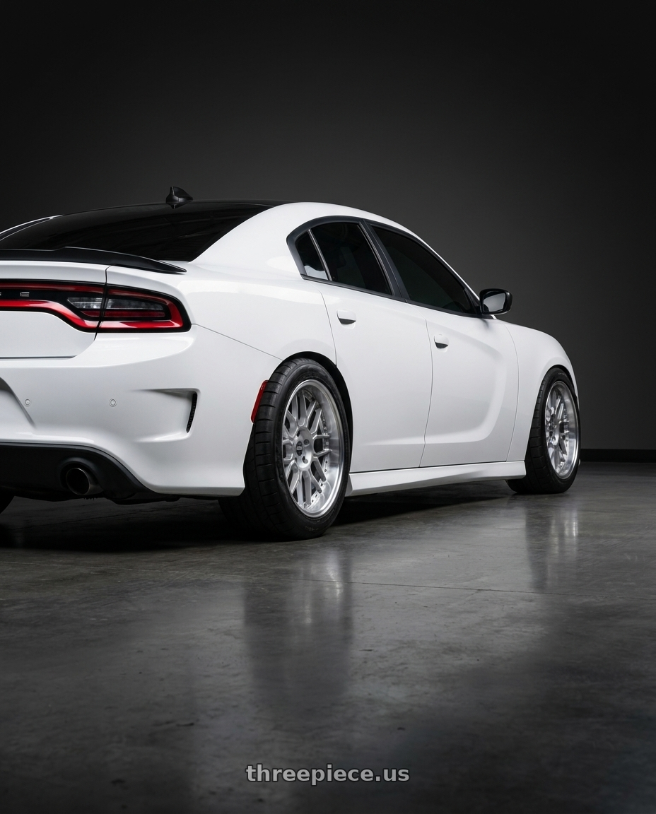 2021 dodge charger with ESR Wheels CS18 5x115 18x9.5 +35 Hyper Silver wheels rear three quarter view meaty tires