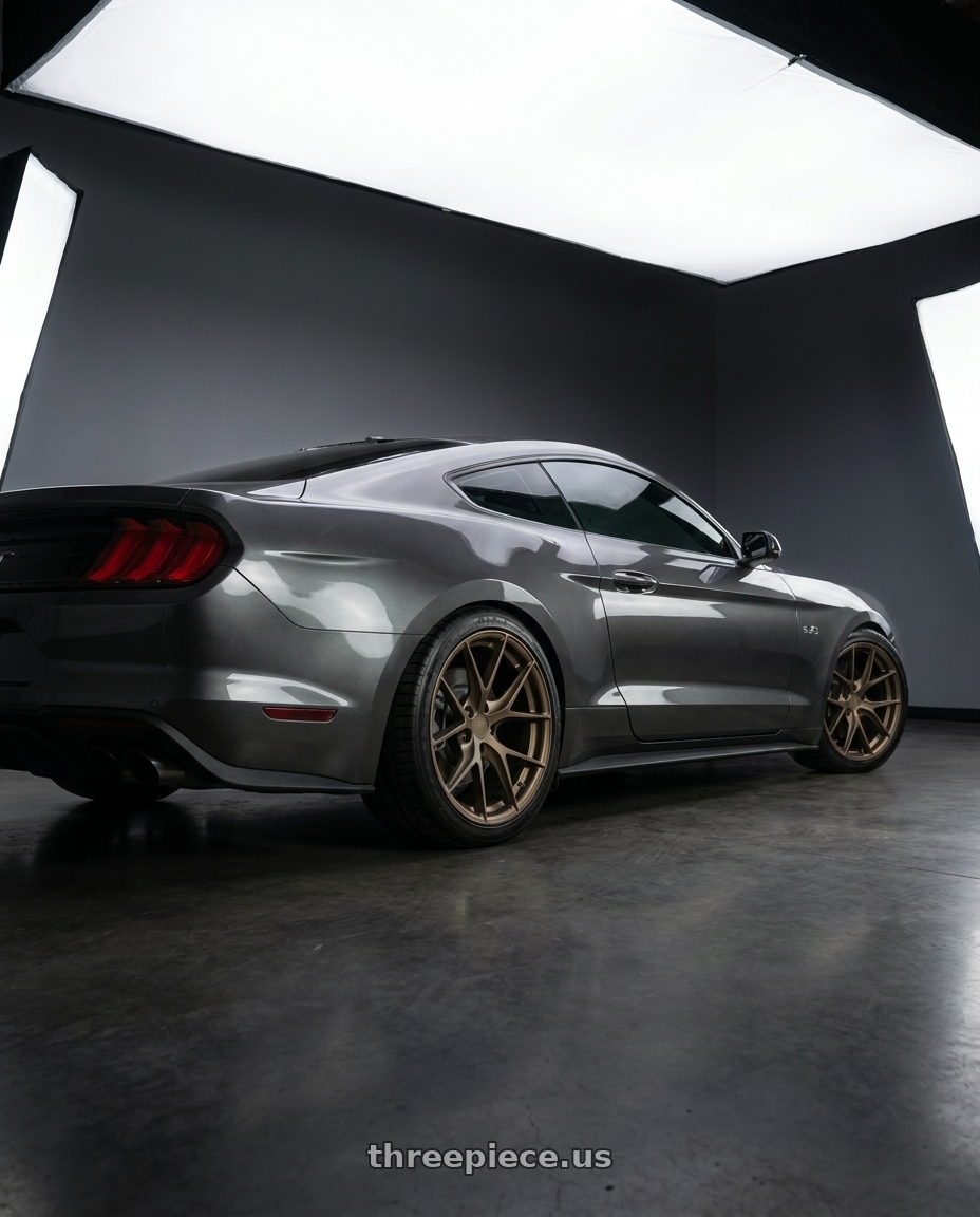 2018 mustang gt with Aodhan AFF7 5x114.3 19x9.5+35 Matte Bronze wheels rear three quarter view square tires