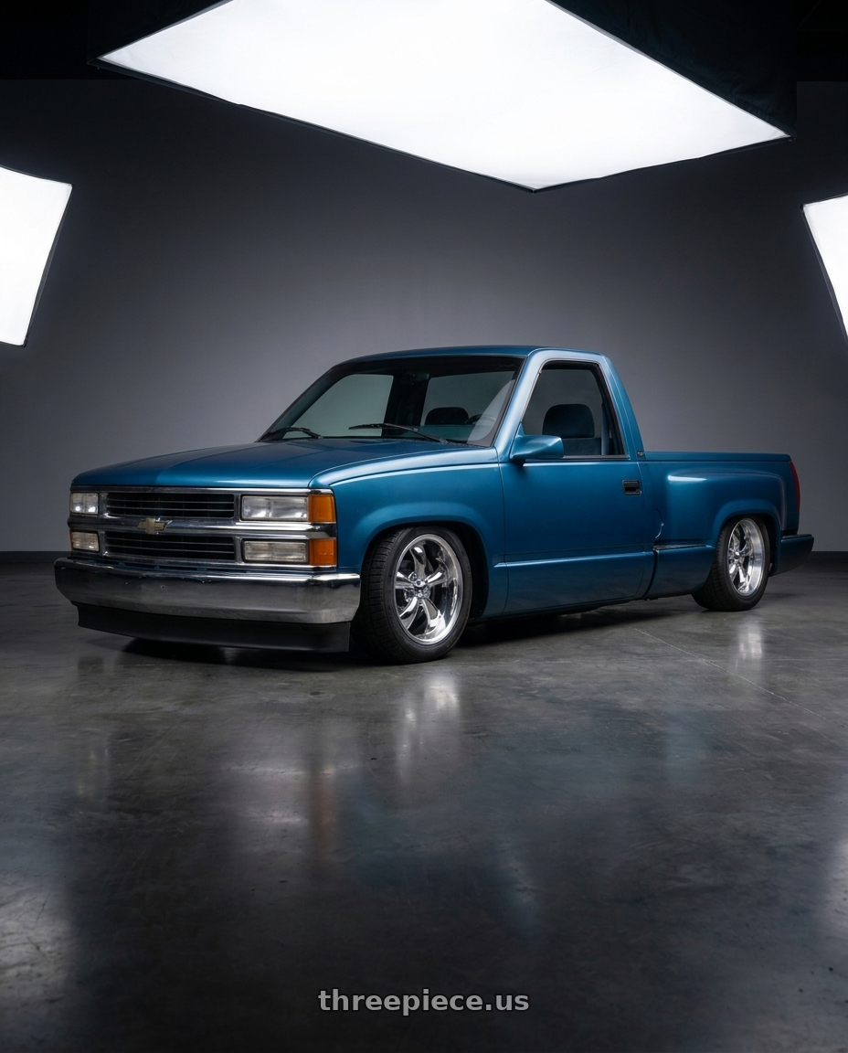 1990 Chevy Silverado blue with Vision American-Muscle 142 Legend 5x127 18x8.5+10 Chrome wheels