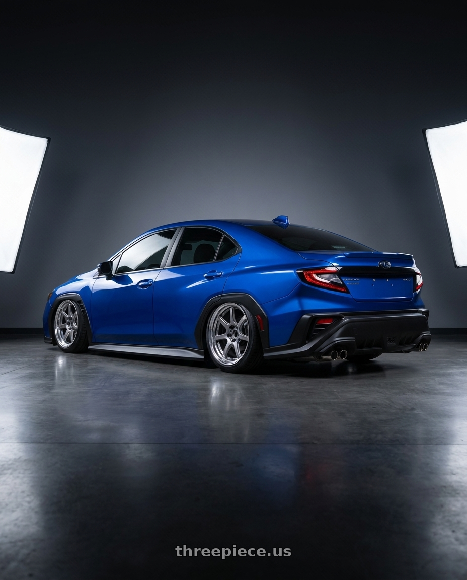 2023 Subaru Wrx with Work T7r 2P 5x114.3 18x9.5 +22 GT SILVER wheels rear three quarter view slight stretch tires