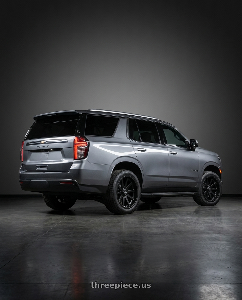 2021 Chevrolet Tahoe LS with Ion Type 143 6x139.7 18x9+18 Matte Black wheels rear three quarter view square tires