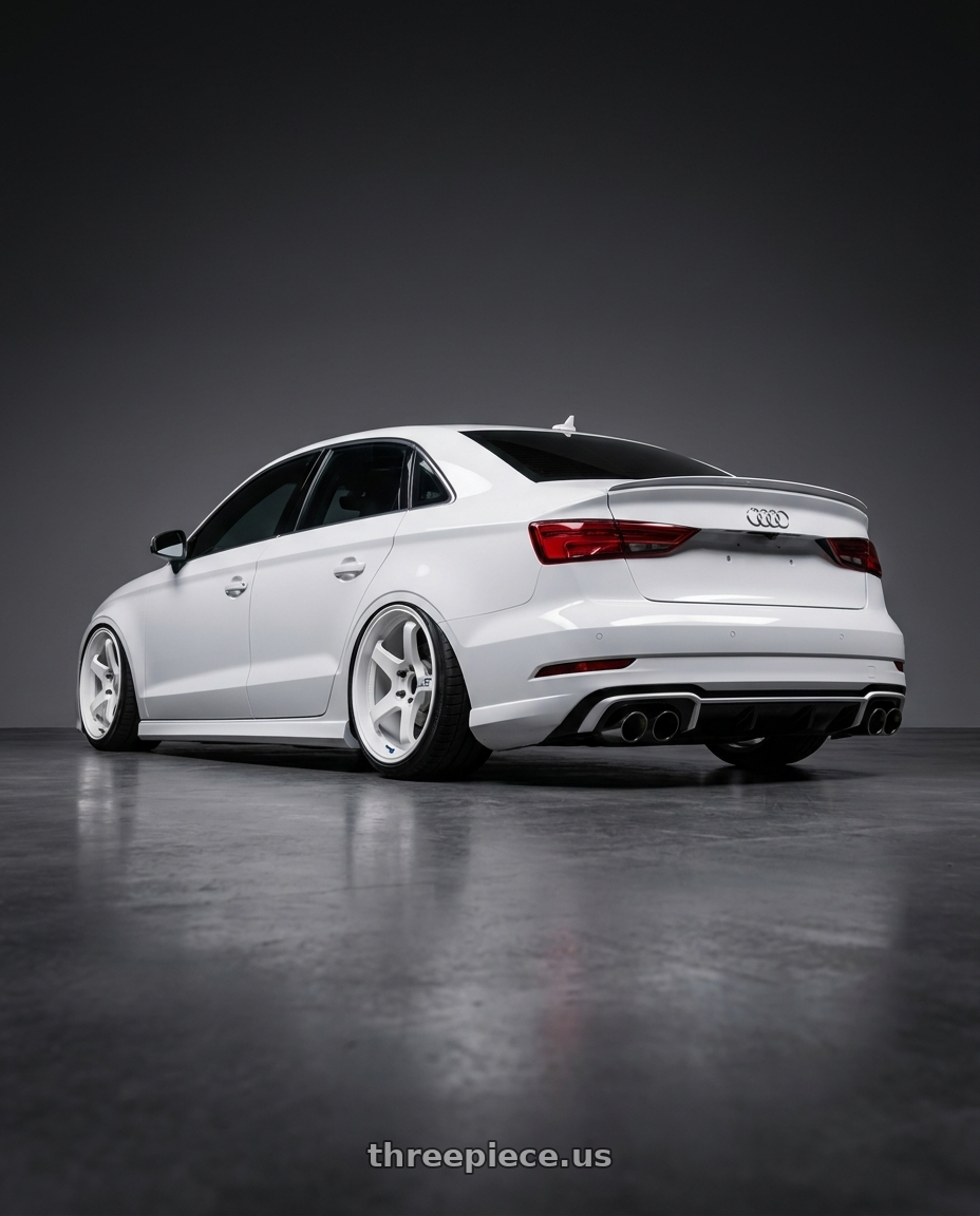 2017 Audi RS3 with Advan Racing GT PV 5x112 19x10.0 +30 RACING WHITE wheels rear three quarter view extreme stretch tires