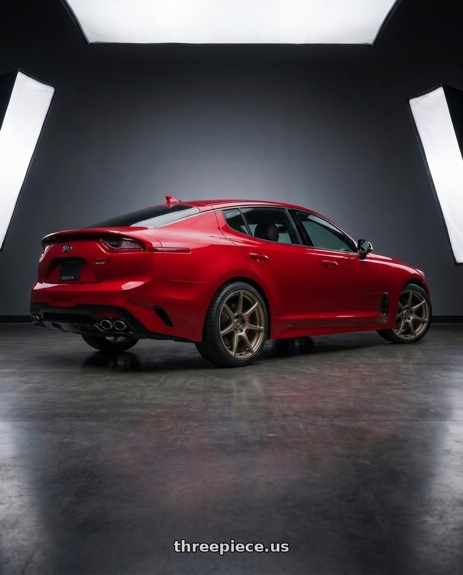 2018 Kia Stinger GT2 AWD with Kansei K11B Tandem 5x114.3 19x9.5 22 Bronze wheels rear three quarter view square tires