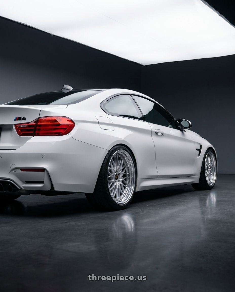 2017 BMW M4 Competition with Work Vs-Xv 5x120 18x10.5+35 L Disk Silky Rich Silver wheels rear three quarter view square tires