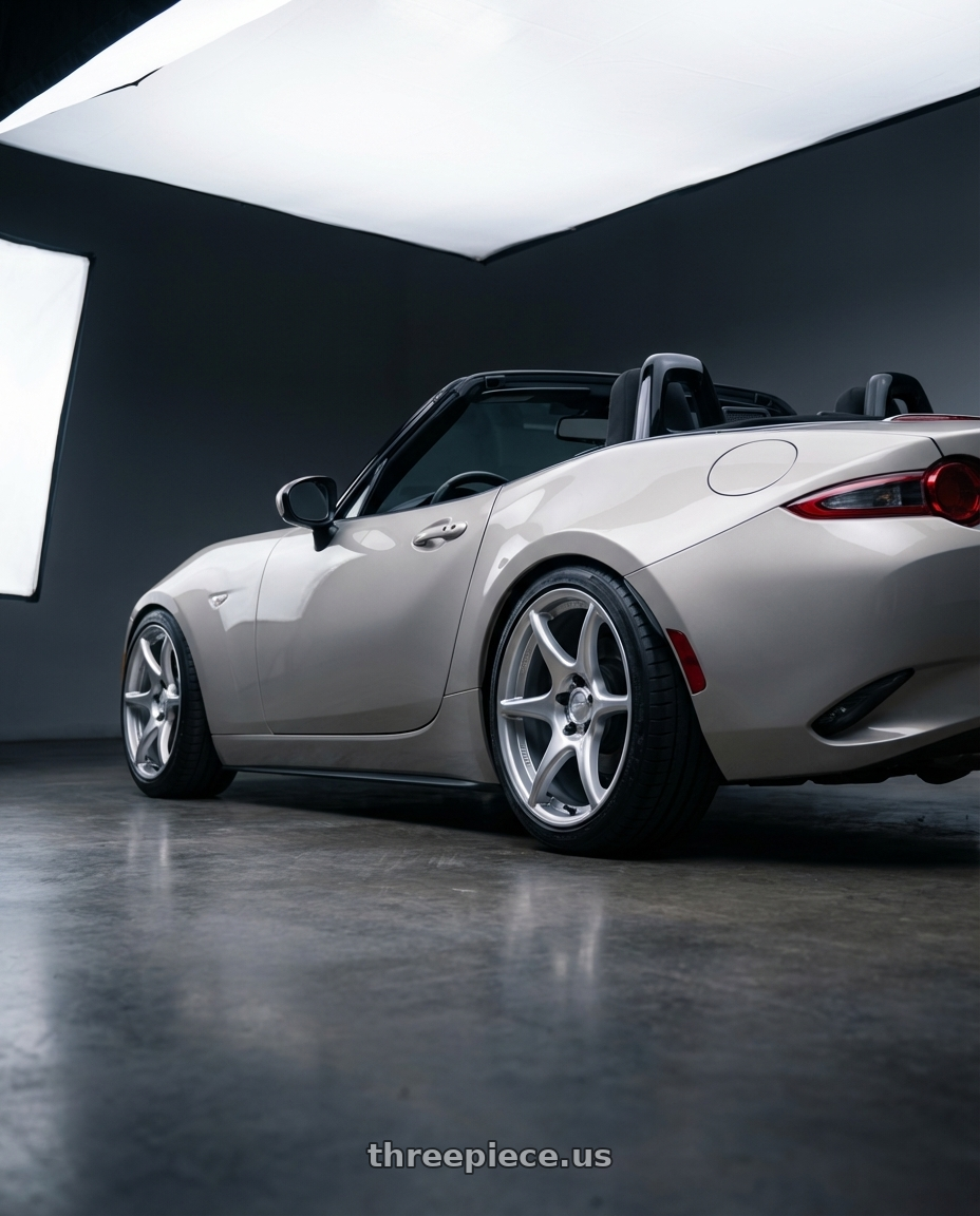 2021 Mazda MX-5 Miata ND with Kansei K11S Tandem 5x114.3 17x9 22 Hyper Silver wheels rear three quarter view square tires