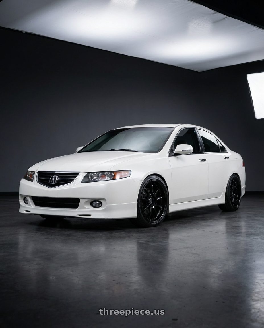 2003 Acura Tsx with Work Emotion D9r 5x100 18x10.5 +15 Black wheels front three quarter view lowered stance