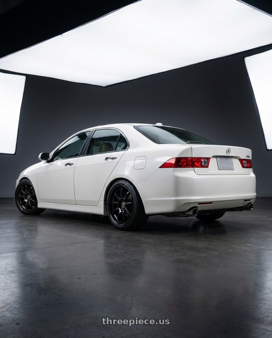 2003 Acura Tsx with Work Emotion D9r 5x100 18x10.5 +15 Black wheels rear three quarter view square tires