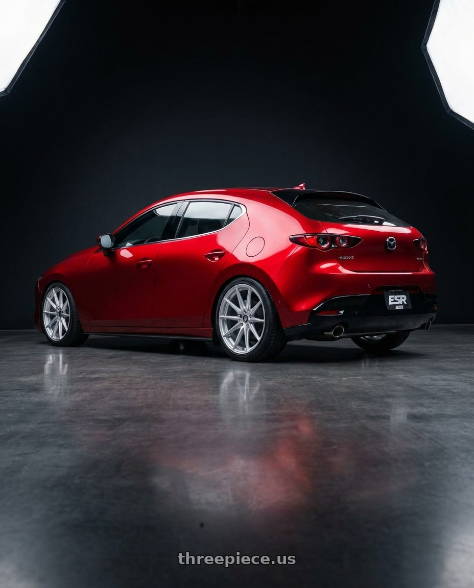 2025 Mazda 3 with ESR Wheels CX1 5x114.3 20x10 +34 Brushed Hyper Silver wheels rear three quarter view square tires