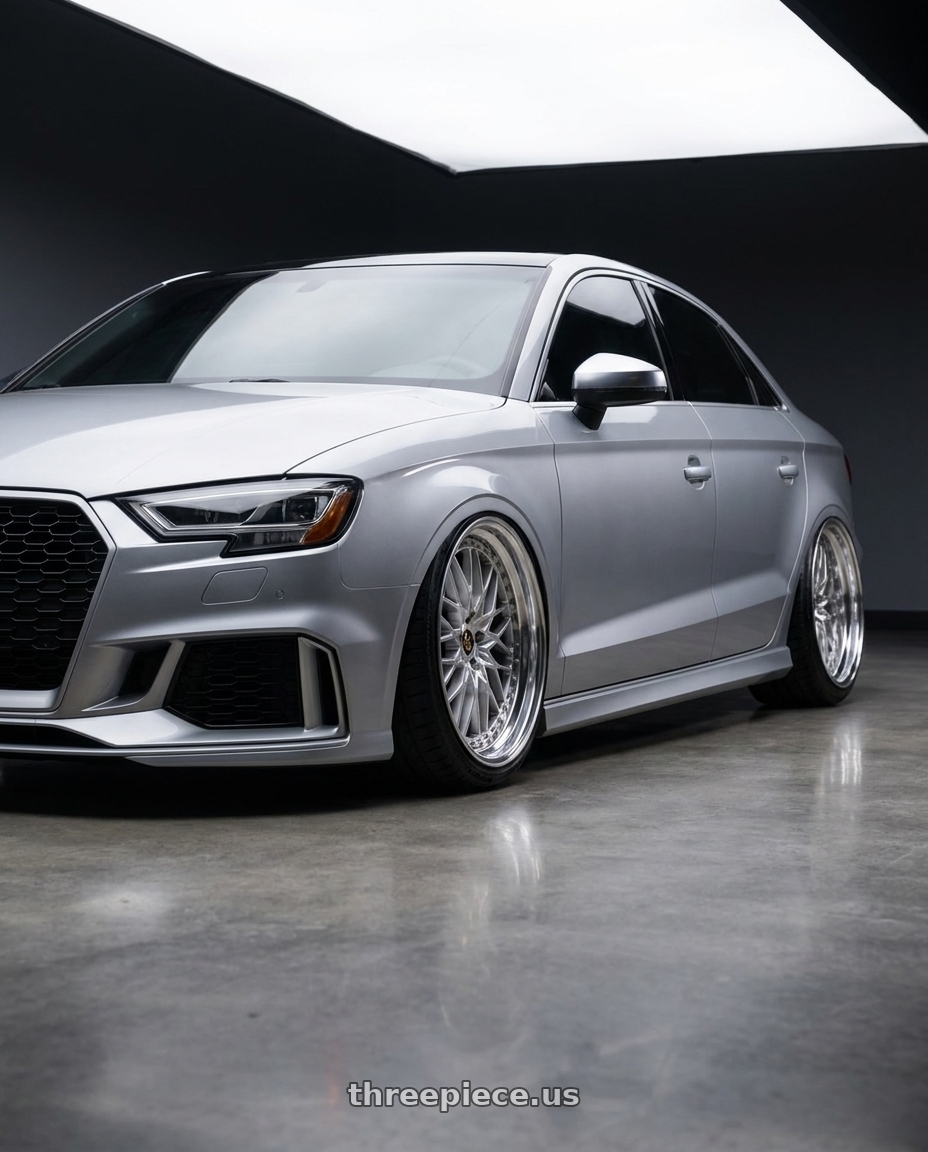 2017 Audi RS3 with Work Vs-Xv 5x112 20x11.5+34 A Disk Silky Rich Silver wheels front three quarter view lowered stance