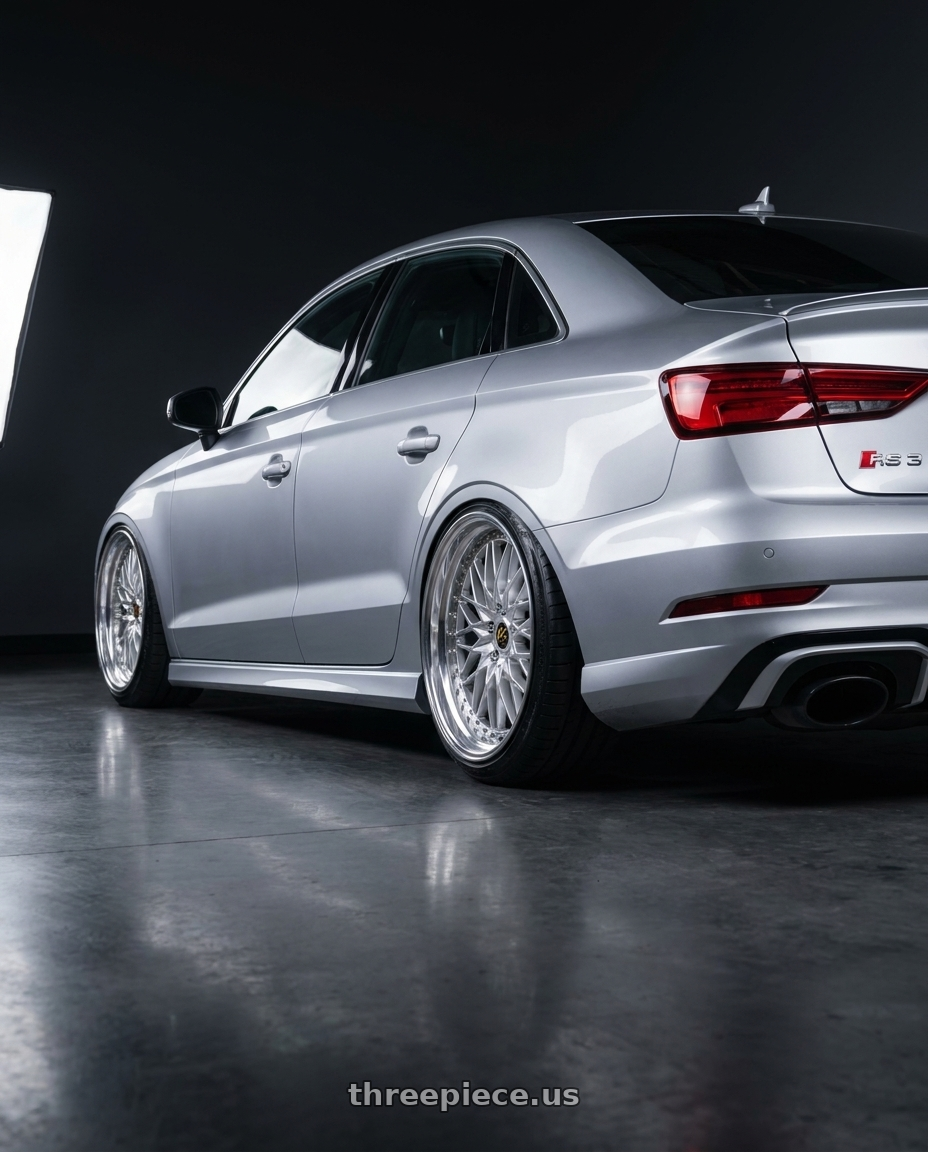 2017 Audi RS3 with Work Vs-Xv 5x112 20x11.5+34 A Disk Silky Rich Silver wheels rear three quarter view extreme stretch tires