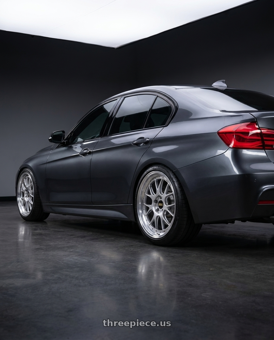 2018 bmw 340i with BBS LM-R 5x120 19x9.5+35 Diamond Silver wheels rear three quarter view slight stretch tires