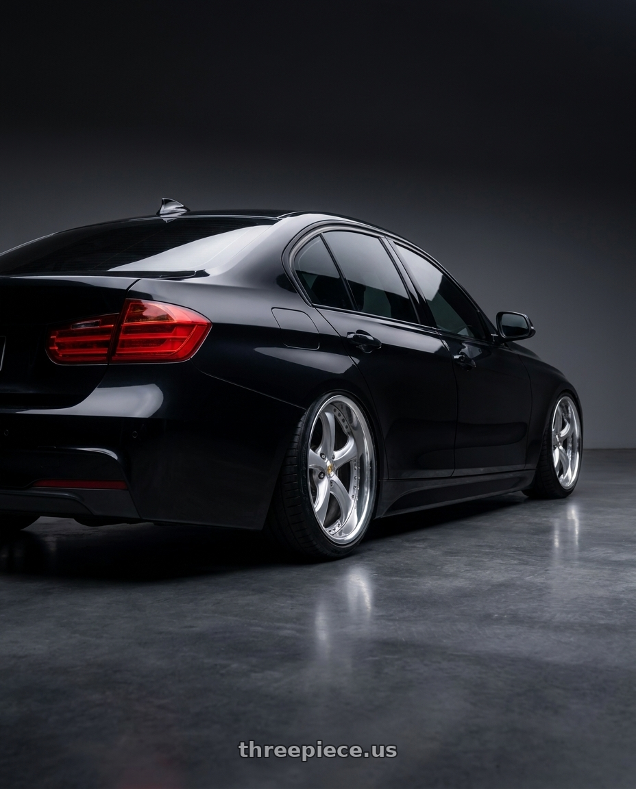 2012 bmw f30 black with Work Wheels VS-KF 5x120 18x9.5+34 Light Grey Silver A Disk FULL REVERSE wheels rear three quarter view slight stretch tires