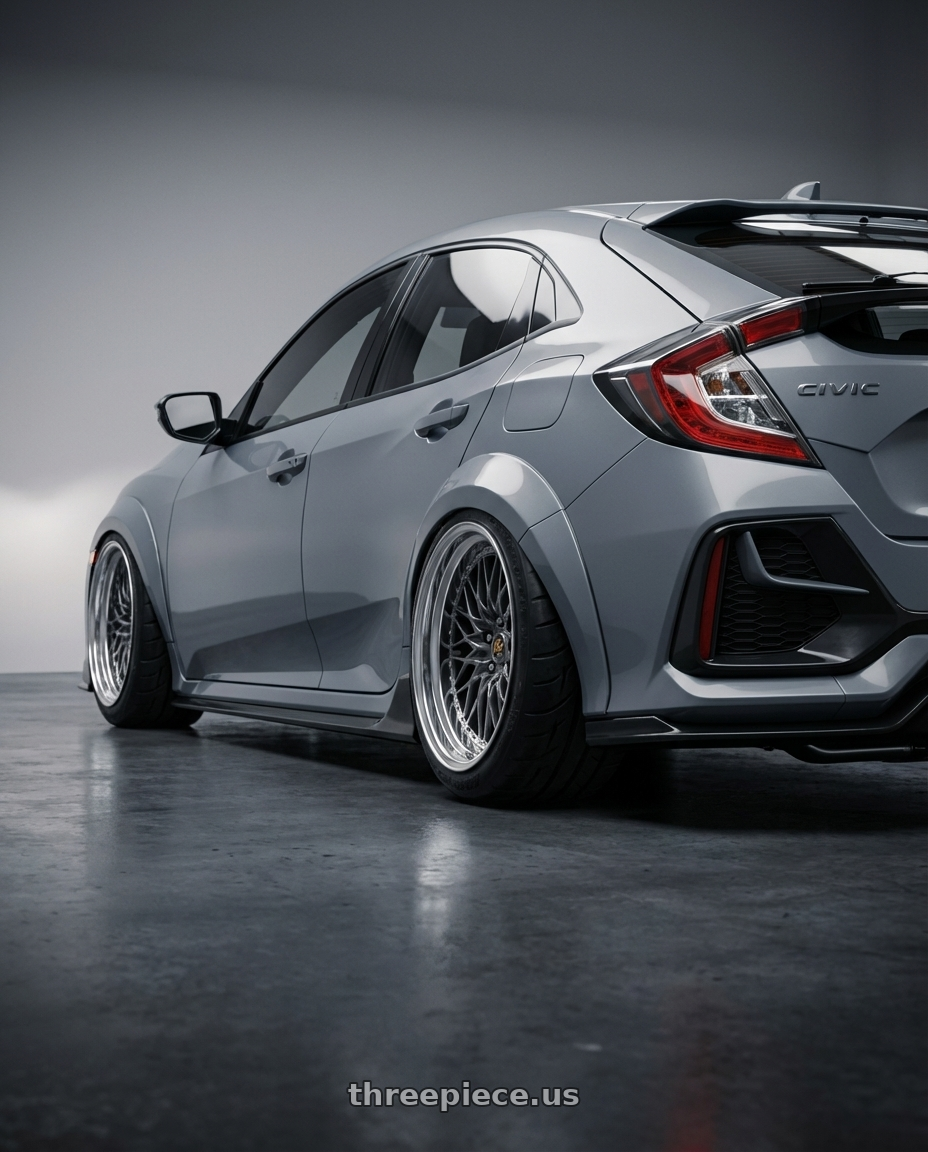 2020 Honda civic with Work Vs-Xv 5x100 18x12.5-24 O Disk Brilliant Silver Black wheels rear three quarter view meaty tires