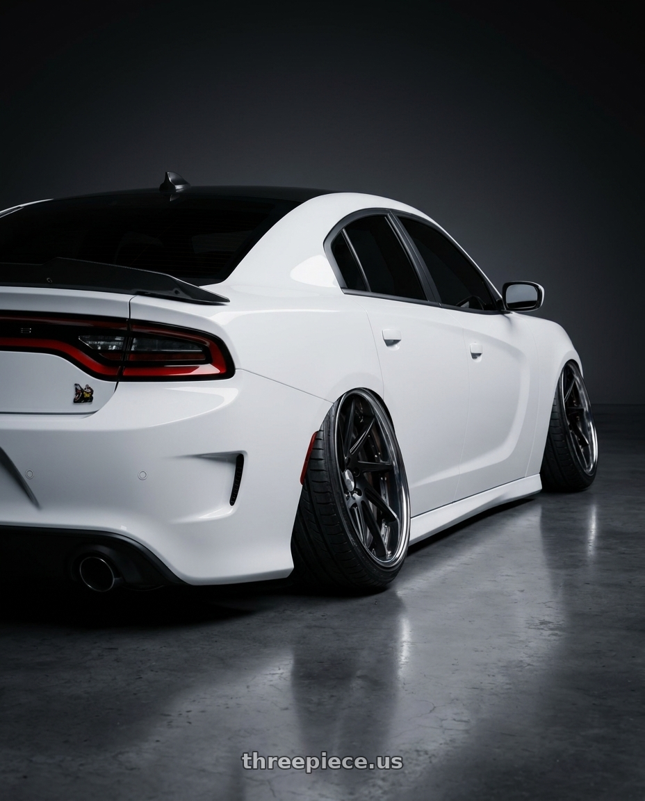2021 Dodge Charger ScatPack with Work Gnosis Cvs 5x115 20x9.5+22 O Disk Matte Black wheels rear three quarter view extreme stretch tires