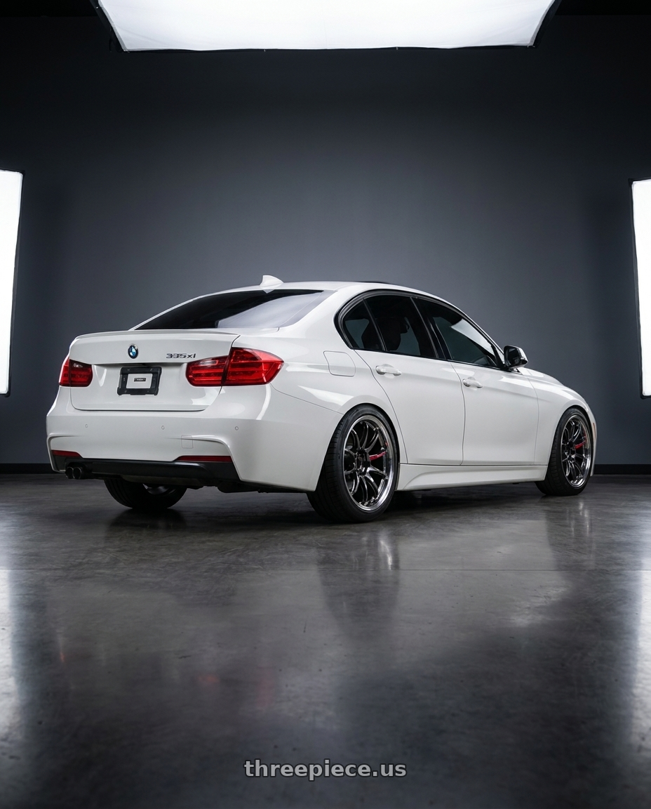2013 bmw 335xi alpine white with Work Emotion Zr10 4x100 15x5 +48 Glim Black Diamond Rim cut wheels rear three quarter view slight stretch tires