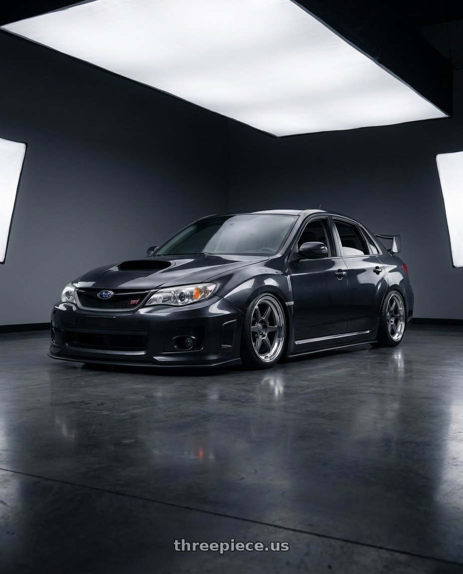 2013 Subaru Impreza STI Dark with Kansei K14G Roku 5x114.3 18x9.5 38 Grey and Machined Lip wheels