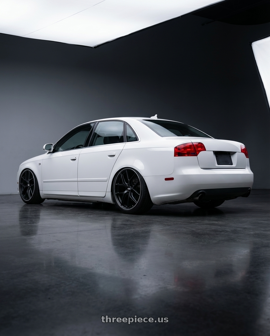 2010 Audi A4 B7 with BBS CC-R 5x112 19x8.0+27 Satin Black wheels rear three quarter view slight stretch tires