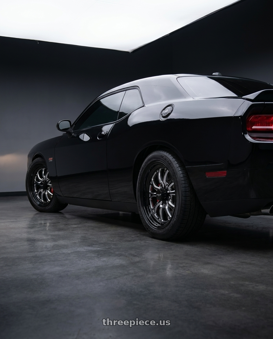 2010 dodge challenger with Boyd Coddington BC3 Bristol 5x114.3 15x8 0 Gloss Black / Milled Spokes wheels rear three quarter view square tires
