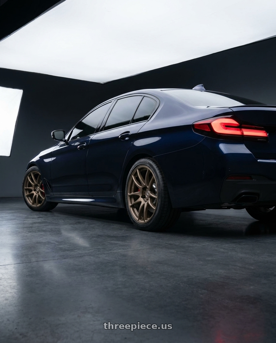 2022 BMW 540i xDrive  with Work Emotion Cr Kiwami 5x112 19x8.5 +35 Matte Bronze wheels rear three quarter view square tires