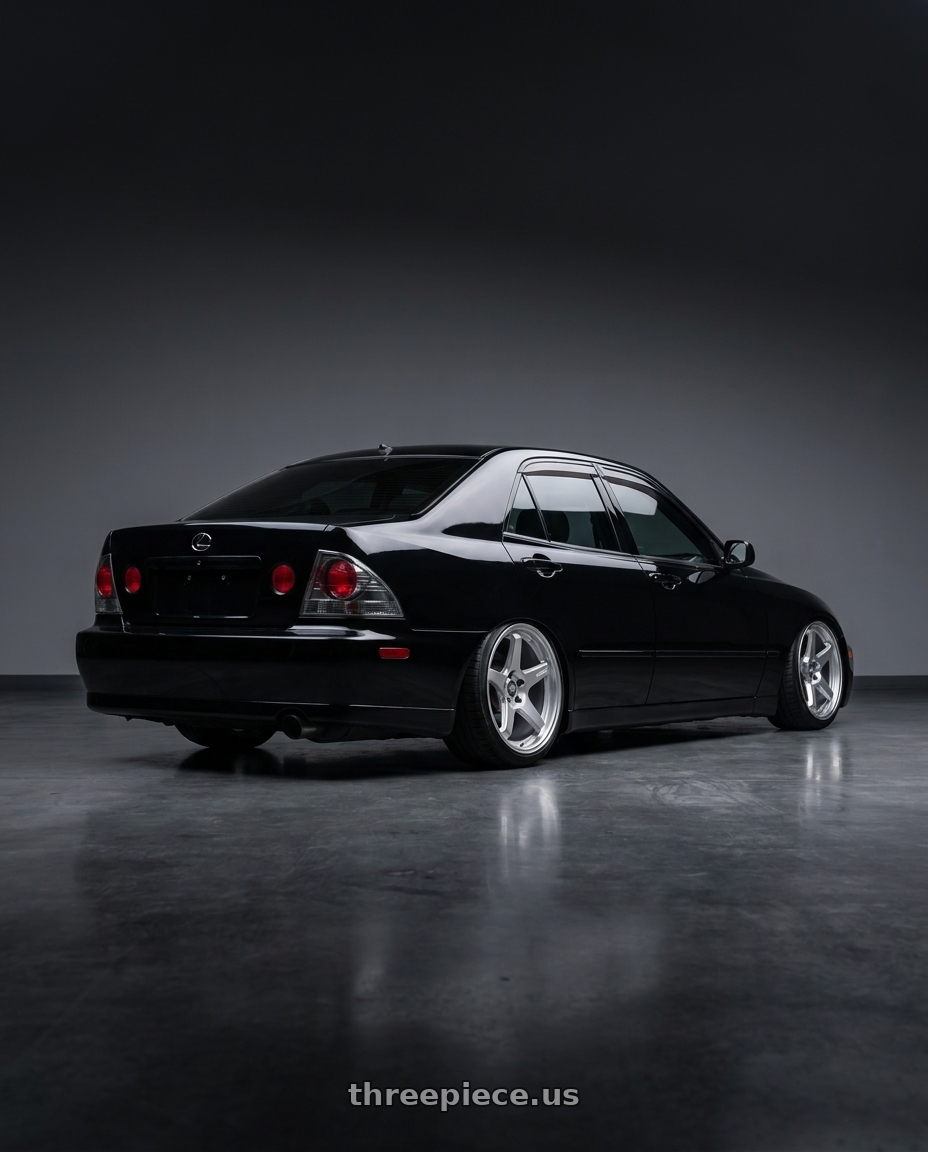 2004 Lexus IS300 Black with ESR Wheels APX5C 5x114.3 18x9.5 +35 Hyper Silver wheels rear three quarter view slight stretch tires