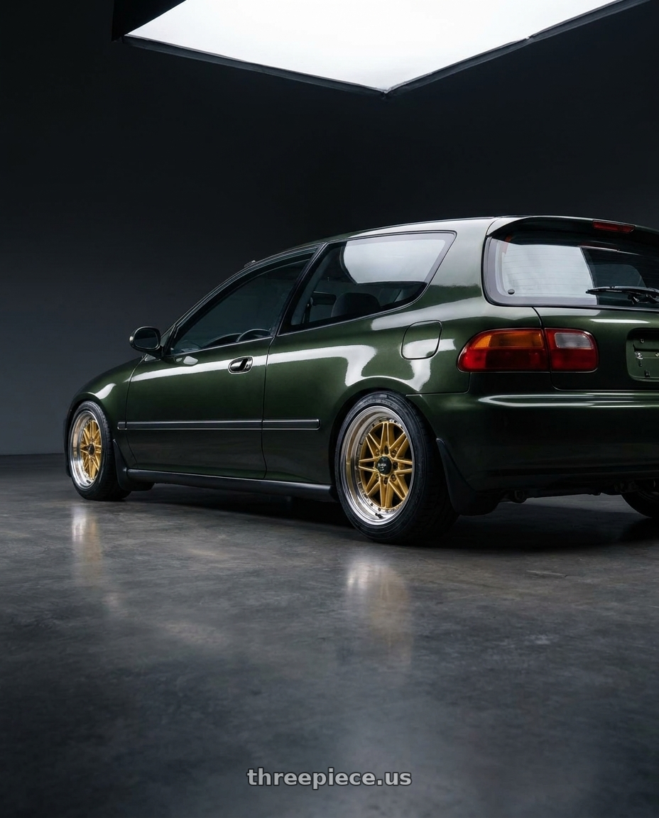 1995 honda civic dx hatchback nori green metalic with EQUIP 03 GOLD 15x7 +35 wheels rear three quarter view square tires