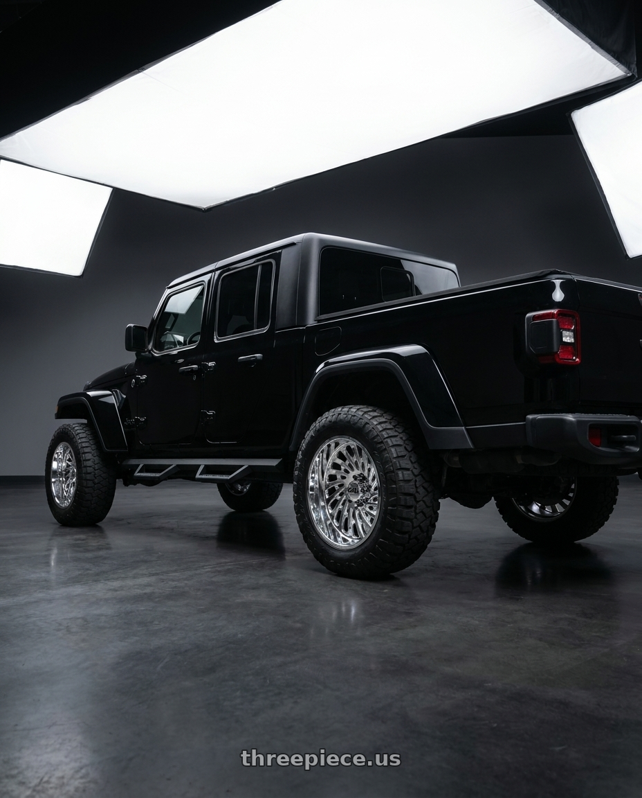 2021 jeep gladiator with Cali Off-Road Switchback 9108 8x180 20x10-25 Gloss Black/Milled wheels rear three quarter view meaty tires