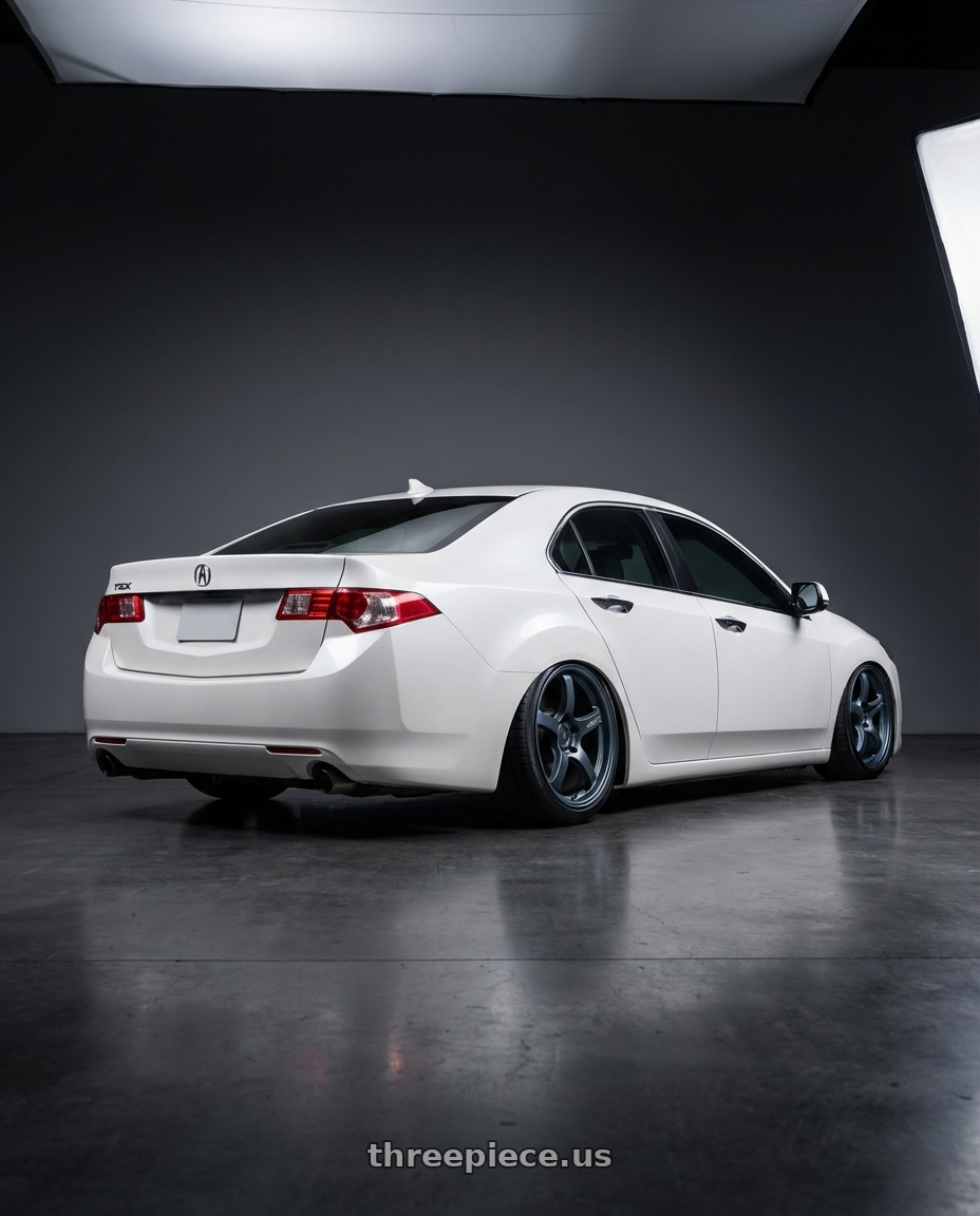 2013 Acura TSX with Gram Lights 57CR 5x114.3 19x9.5+25 Gunblue II wheels rear three quarter view slight stretch tires