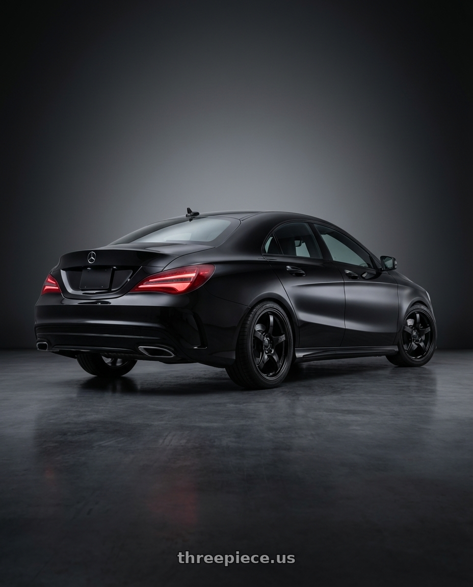 2018 Mercedes-Benz CLA C117 with Gram Lights 57CR 5x112 19x8.5+45 Glossy Black wheels rear three quarter view square tires