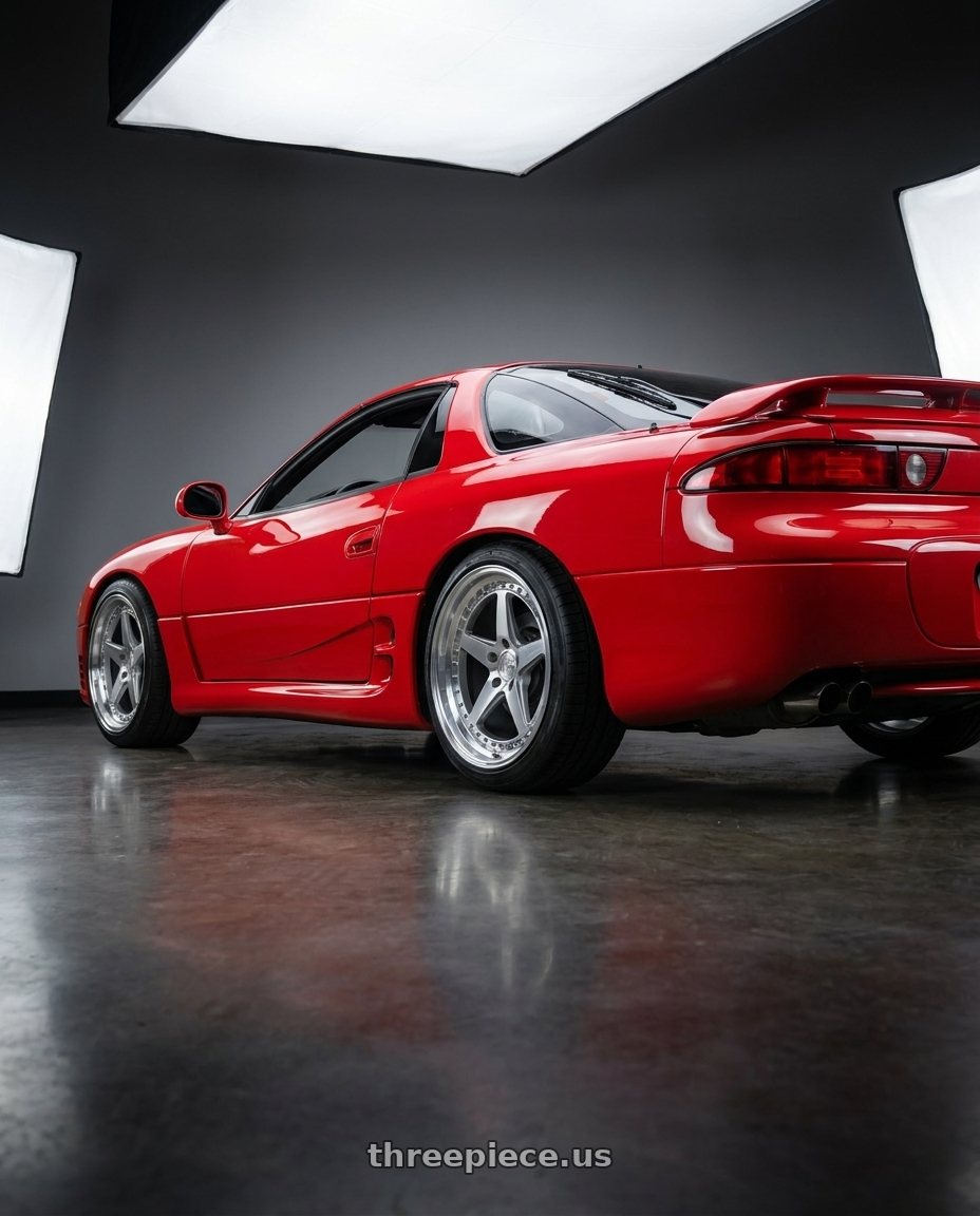1993 Mitsubishi 3000gt vr4 with Aodhan DS05 5x114.3 18x8.5+35 Silver w/Machined Face wheels rear three quarter view square tires