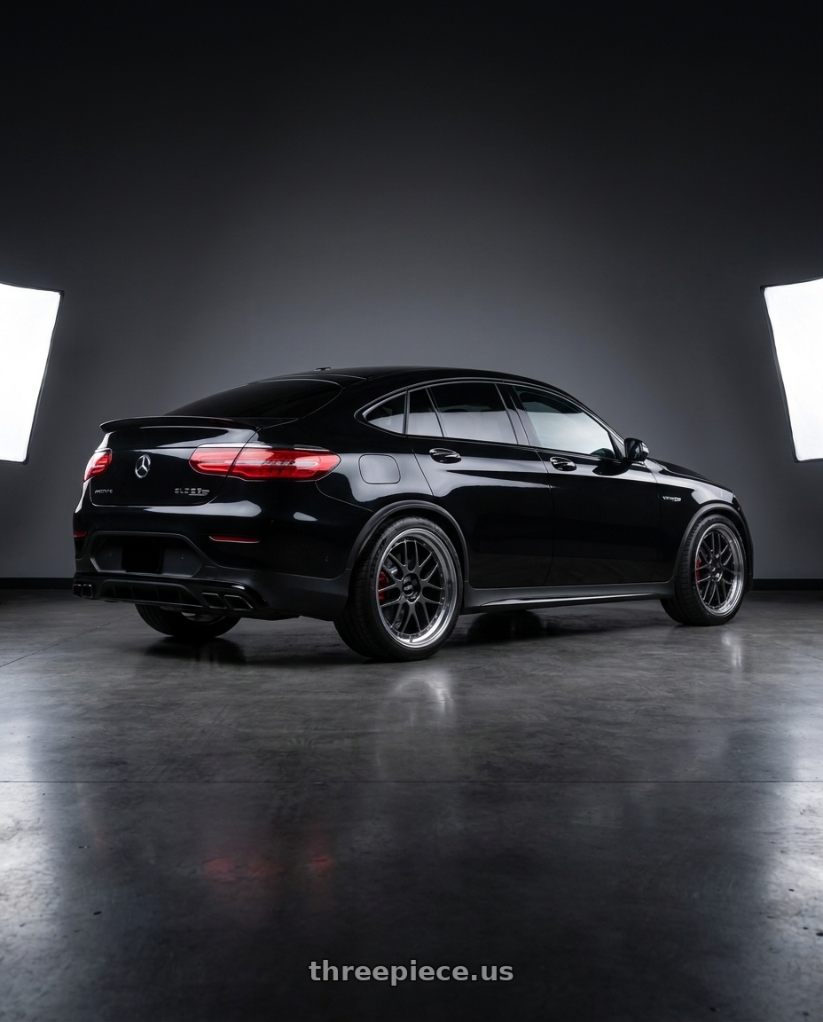 2021 mercedes glc63s with BBS LM 5x112 21x10.5 +10 Diamond Black wheels rear three quarter view square tires
