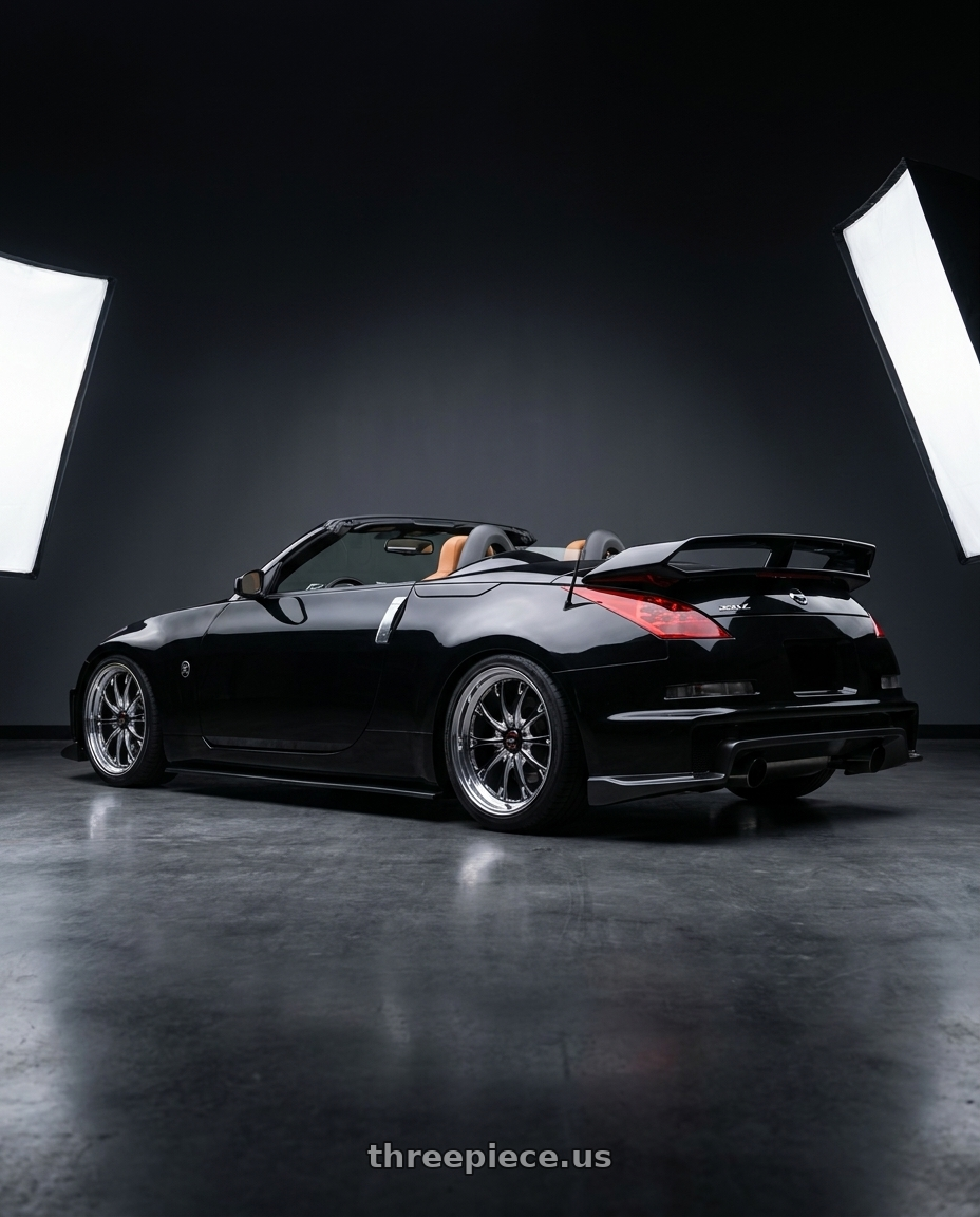 2007 Nissan 350z  with WELD Street Performance Belmont Drag 5x114.3 20x5 -38 Gloss Black/Milled Diamond Cut Lip wheels rear three quarter view square tires