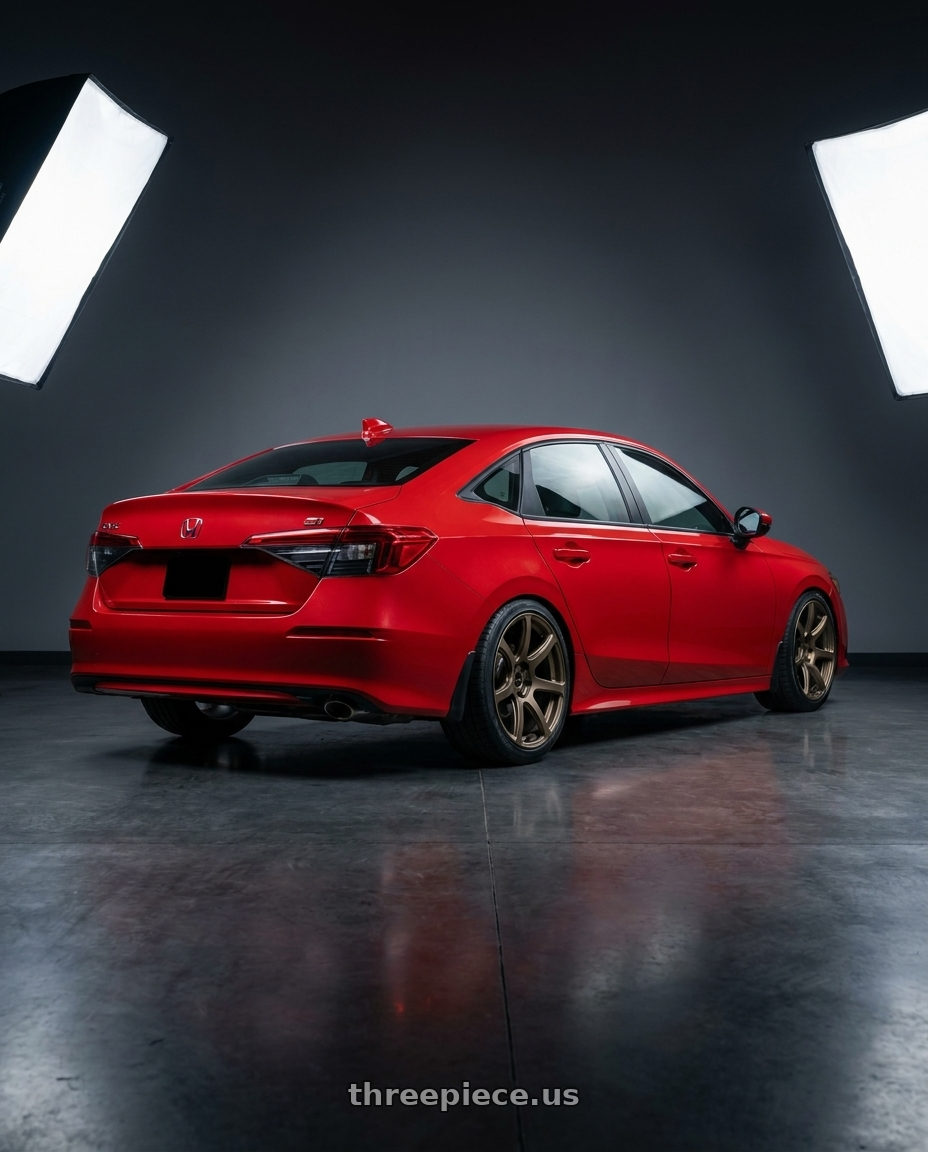 2026 Honda Civic Si with Work Emotion T7r 5x100 18x9.5 +30 Matte Bronze wheels rear three quarter view slight stretch tires