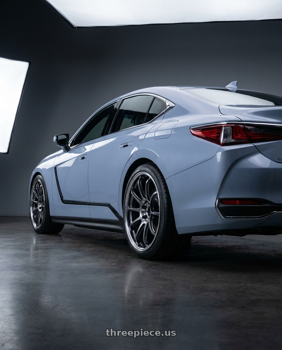 2026 Lexus ES500e with Advan Racing RZ-DF2 for Porsche 5x130 20x11.5 +53 DIAMOND CUT & HYPER PLATINUM BLACK wheels rear three quarter view square tires