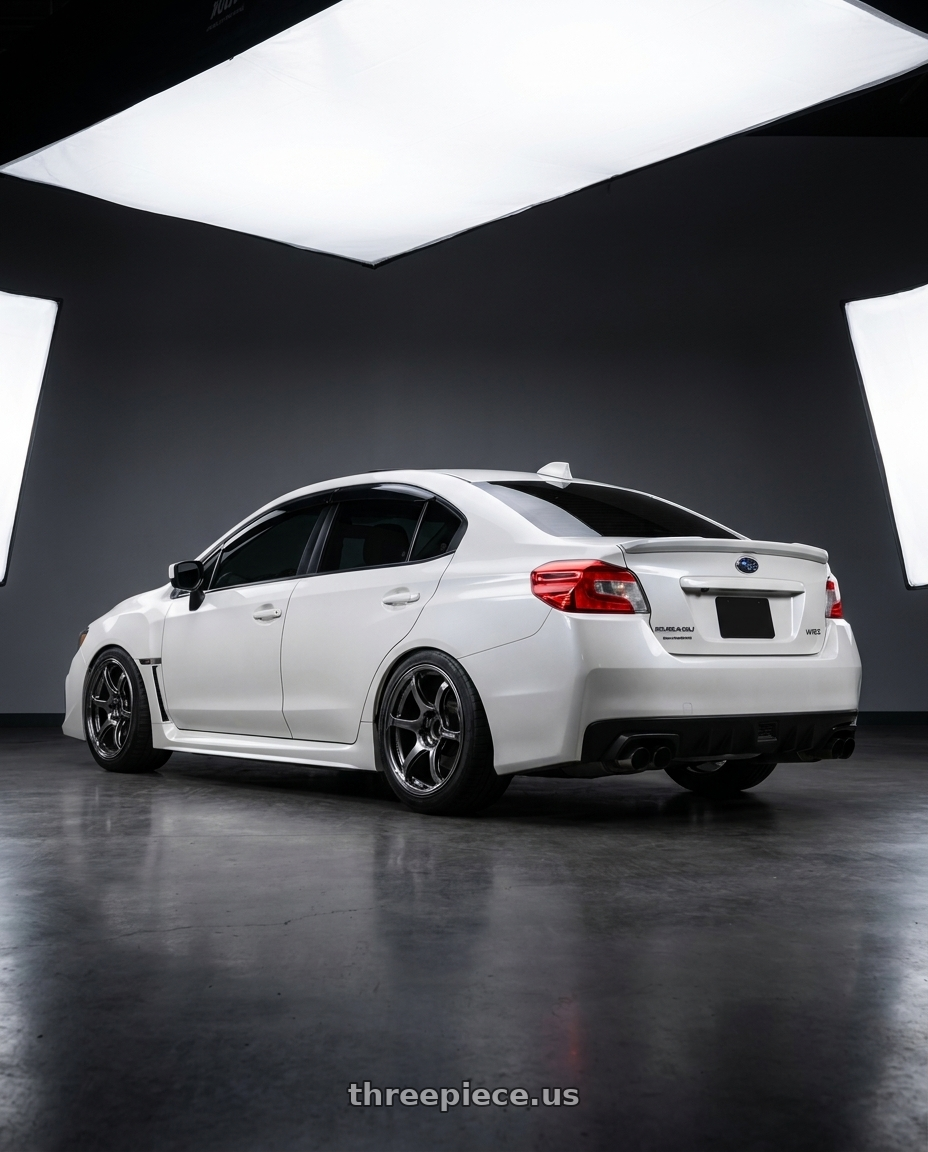 2018 Subaru wrx white  with Advan Racing RG-4 5x114.3 18x9.5 +38 RACING HYPER BLACK & RING wheels rear three quarter view meaty tires