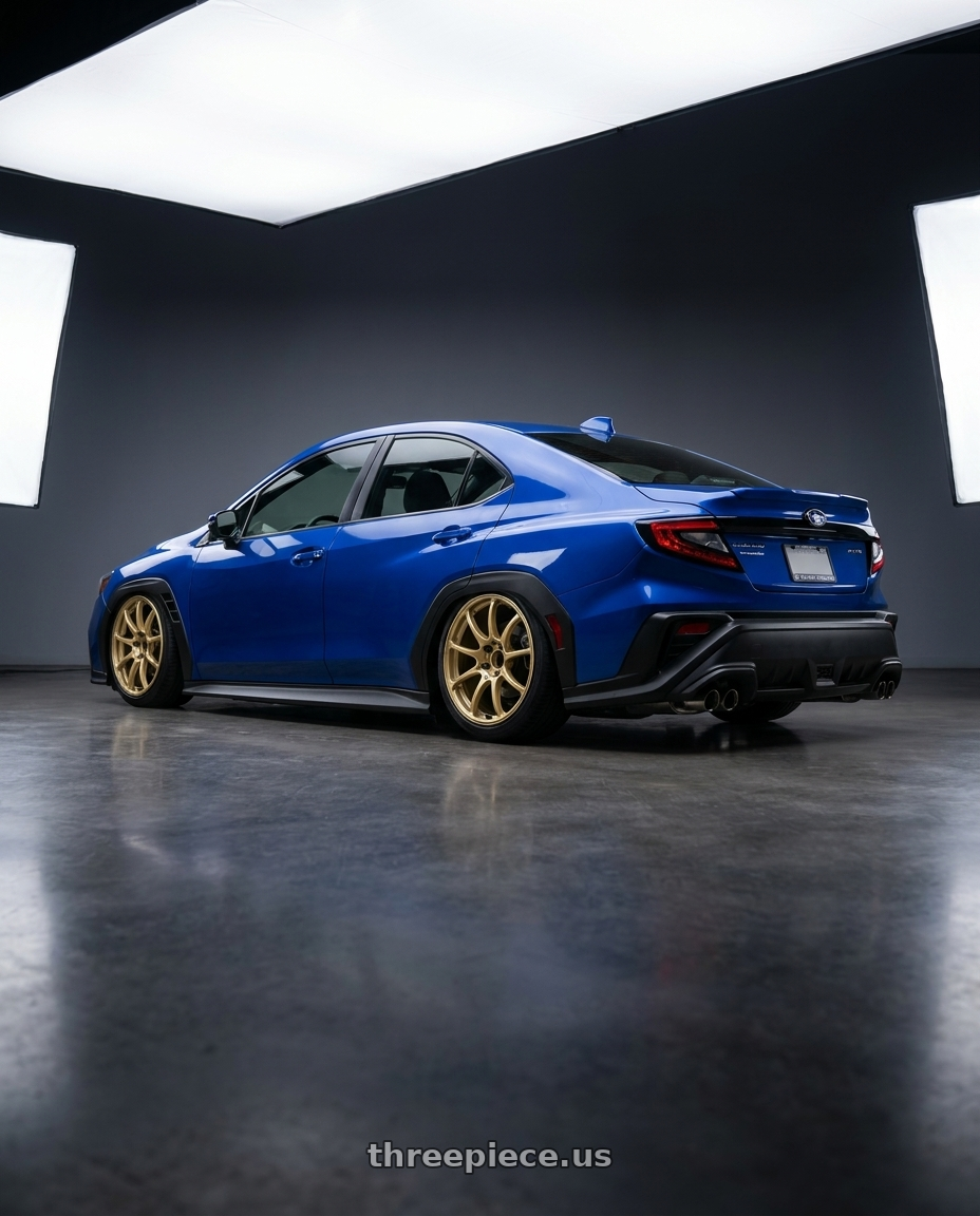 2024 Subaru WRX with Advan RCIII 5x114.3 18x8.5+38 Gold wheels rear three quarter view slight stretch tires