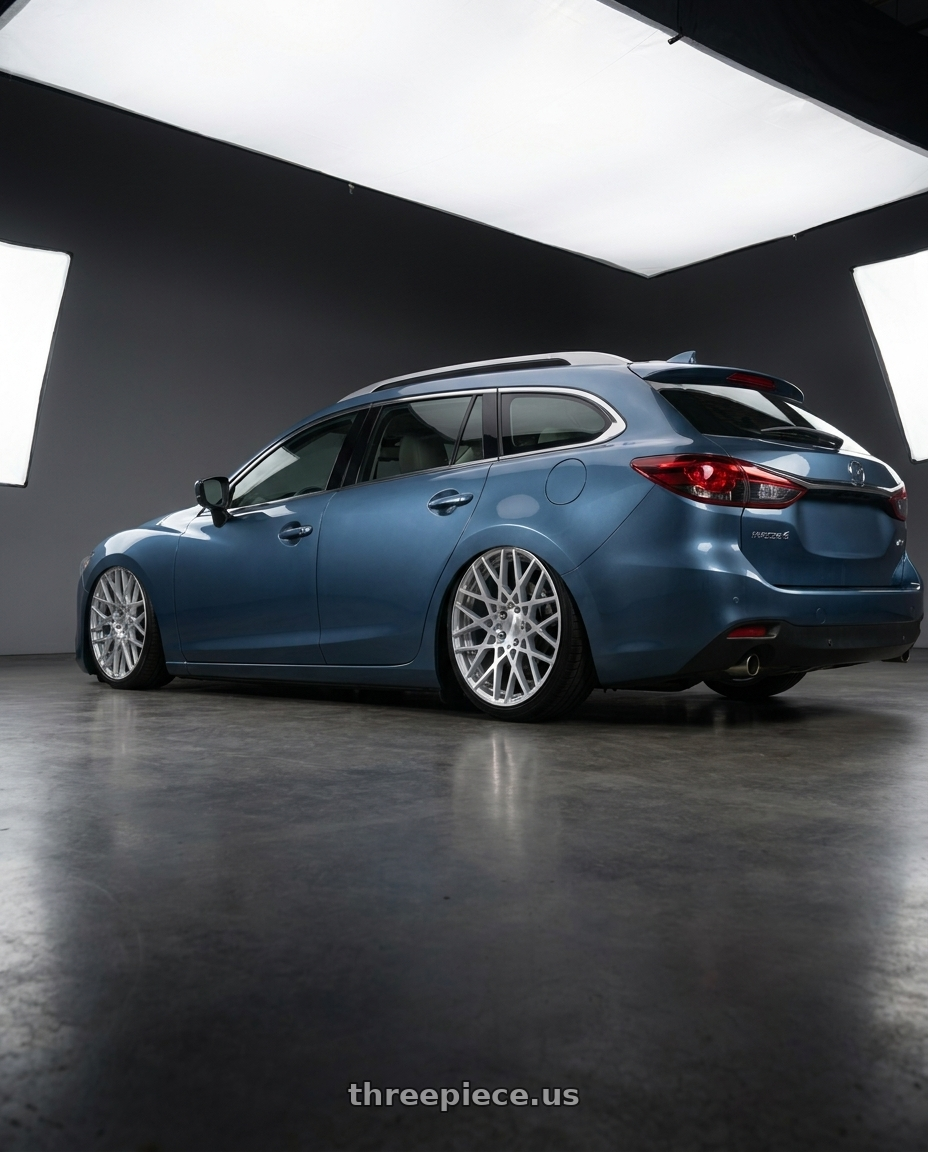 2019 Mazda 6 wagon with Rotiform 1PC R110 BLQ 5X112 18X8.5 +45 GLOSS SILVER MACHINED wheels rear three quarter view slight stretch tires
